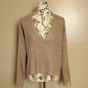 Juliana's Long Sleeve Distresses Fringe Beige/Pink Sweater - S/M